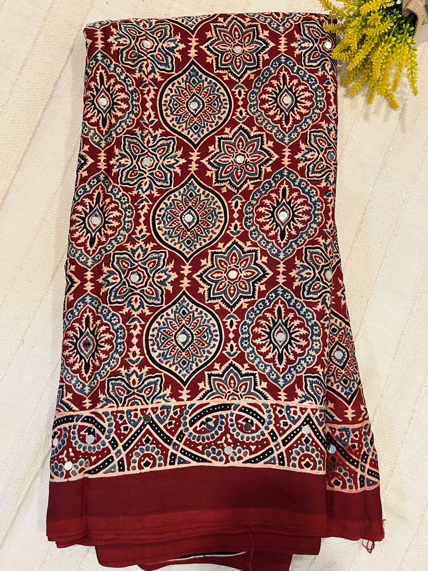 Ajrakh Modal Silk Saree with Mirror Work - Red Badam Block