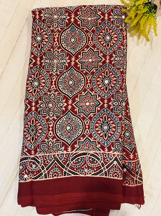 Ajrakh Modal Silk Saree with Mirror Work - Red Badam Block