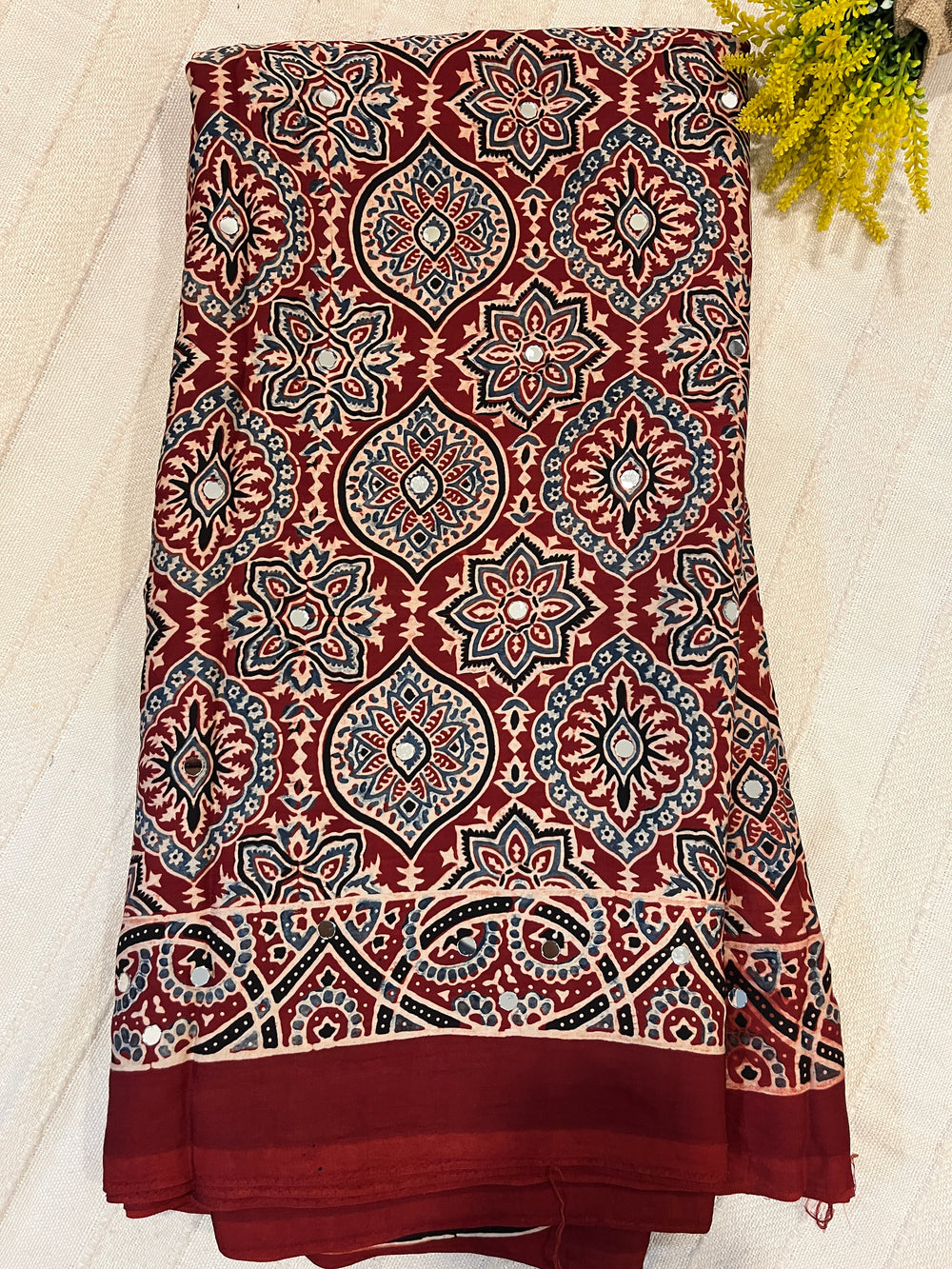 Ajrakh Modal Silk Saree with Mirror Work - Red Badam Block