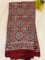 Ajrakh Modal Silk Saree with Mirror Work - Red Badam Block