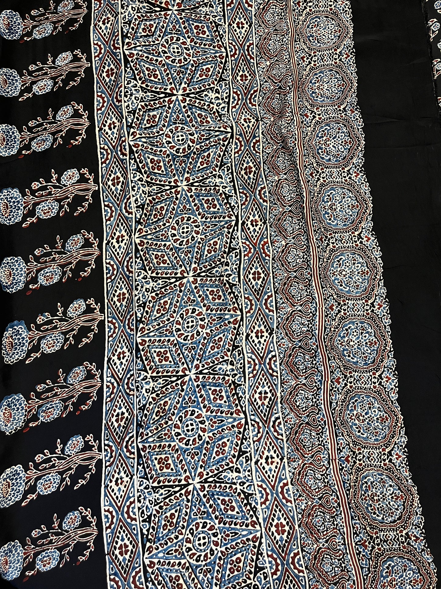 Ajrakh Modal Silk Saree - Black Flower Buttis