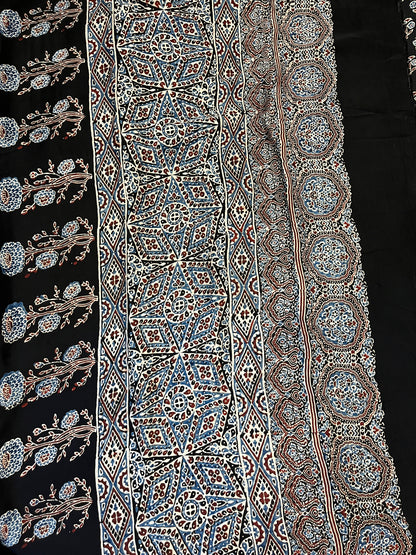 Ajrakh Modal Silk Saree - Black Flower Buttis