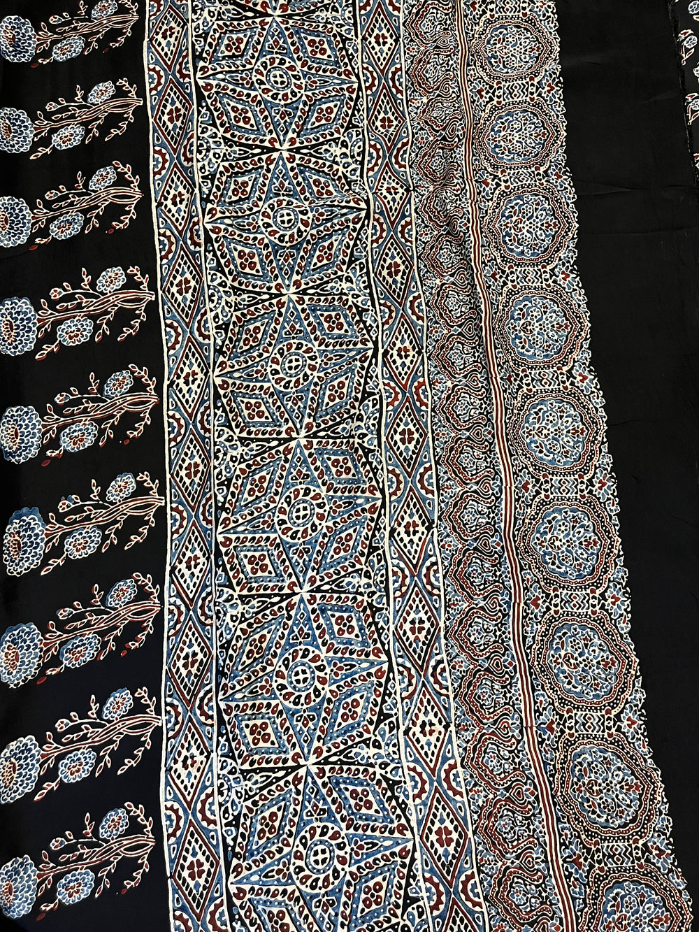 Ajrakh Modal Silk Saree - Black Flower Buttis