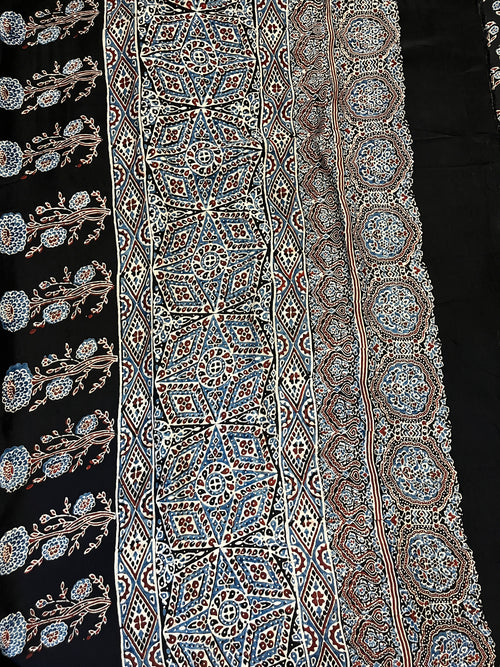 Ajrakh Modal Silk Saree - Black Flower Buttis