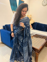 Indigo Handblock Linen Cotton Saree