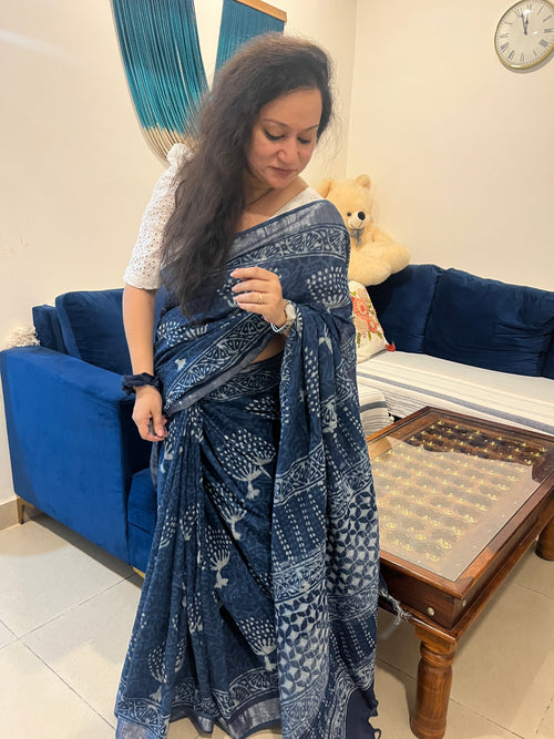 Indigo Handblock Linen Cotton Saree