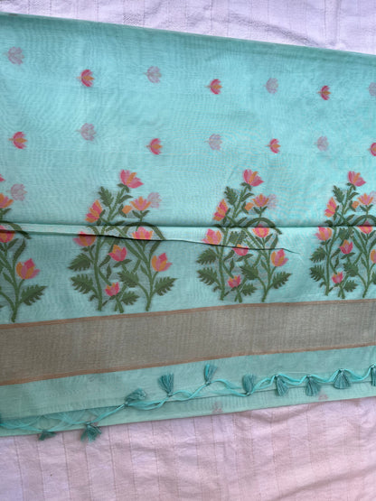 Chanderi Cotton Jamdani Saree - Pastel Sea-Green Lotus Motifs