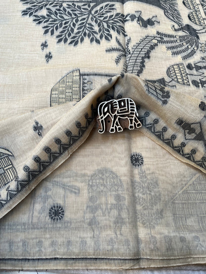 Chanderi Cotton Jamdani Saree - Beige Tribal Art