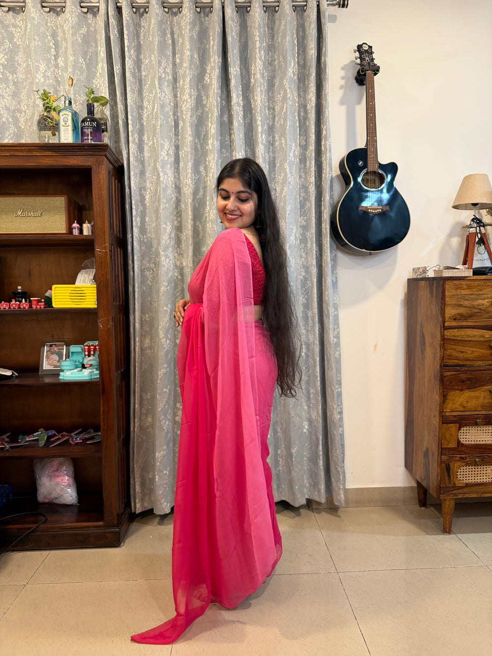 Pure Plain Ombre Chiffon Saree - Hot Pink
