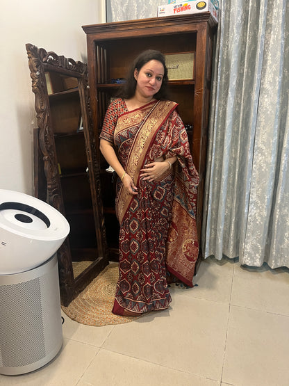 Ajrakh Dola Silk Saree - Deep Red Badam Block (with tassels)