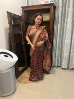 Ajrakh Dola Silk Saree - Deep Red Badam Block (with tassels)