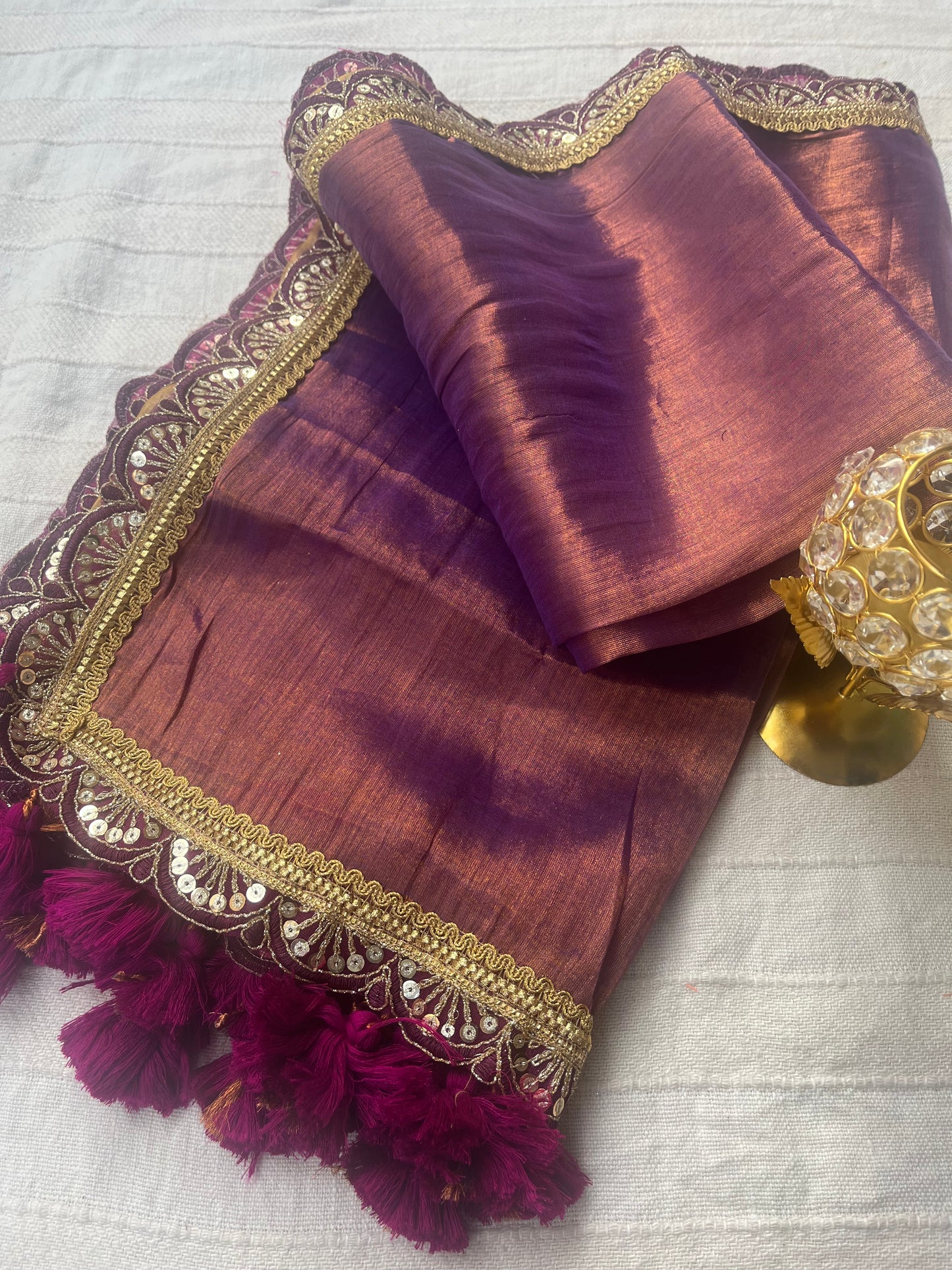 Raga Tissue Saree with Lace and Tassels - Purple