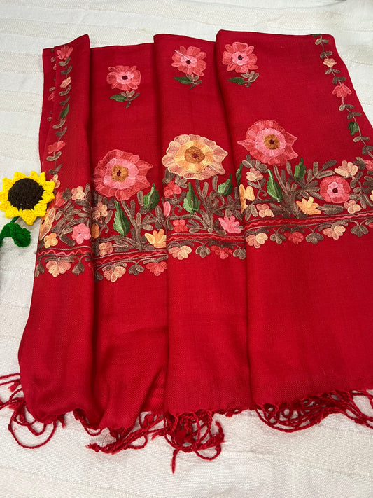 Kashmiri Aariwork Poly Wool Stole - Red