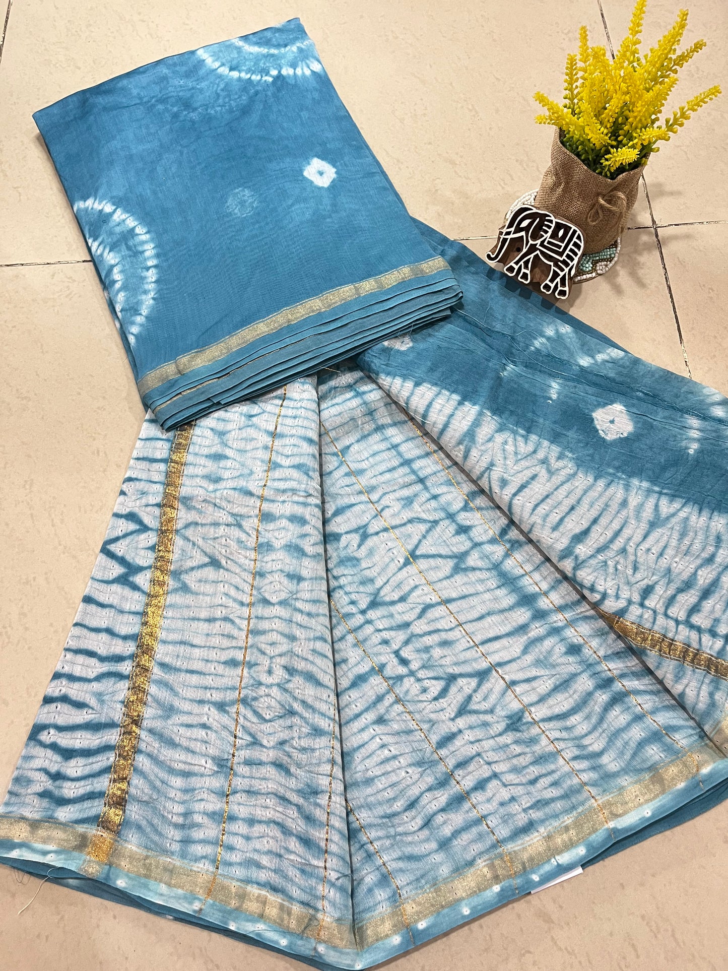 Shibori Chanderi Cotton Silk Saree - Aqua Blue