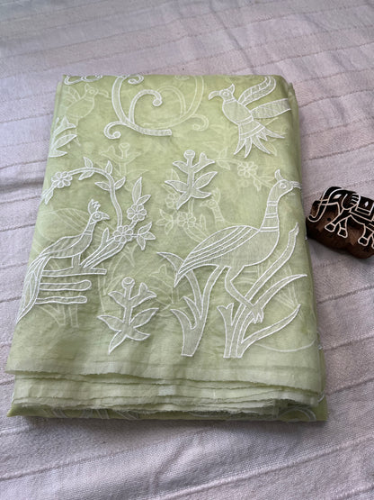 Pure Organza Applique Work Saree - Lime Green