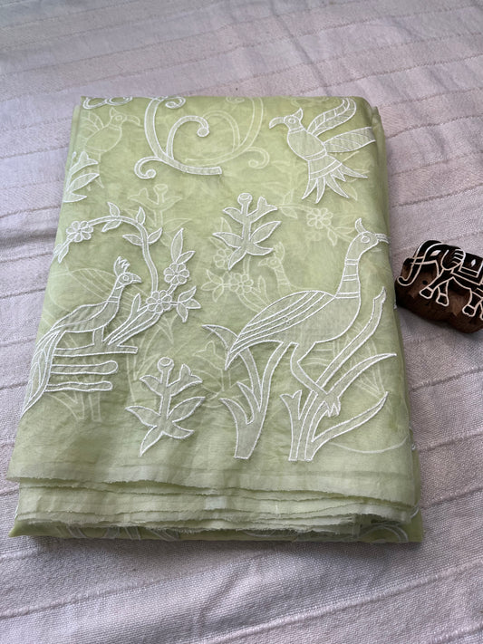 Pure Organza Applique Work Saree - Lime Green
