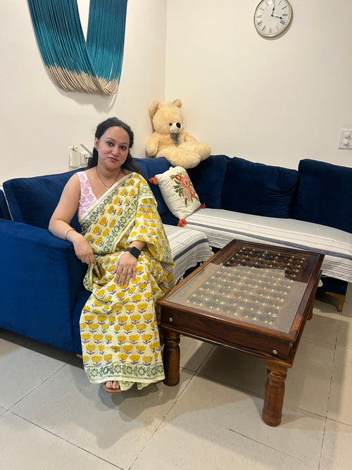 Lotus Handblock Mul Cotton Saree - Yellow
