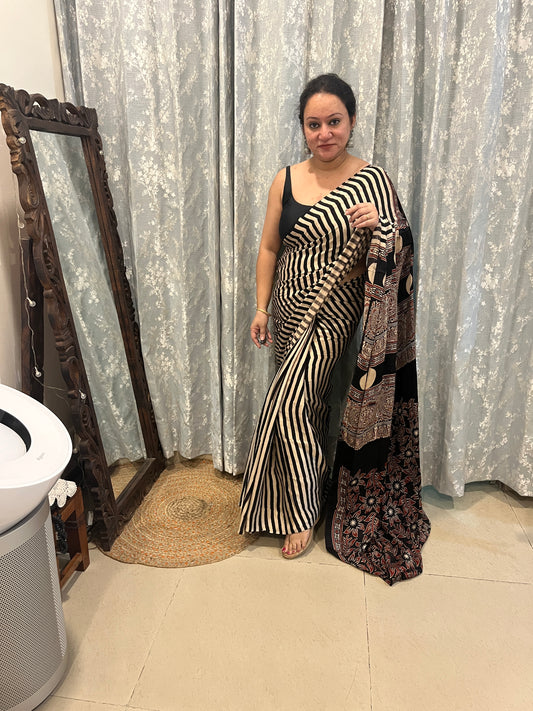 Contemporary Ajrakh Modal Silk Saree - Black Stripes with Black Palla