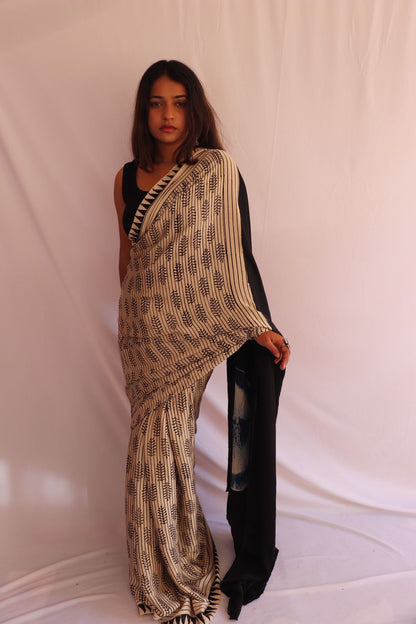 Contemporary Ajrakh Modal Silk Saree - Cream with Big Blue Dot Palla