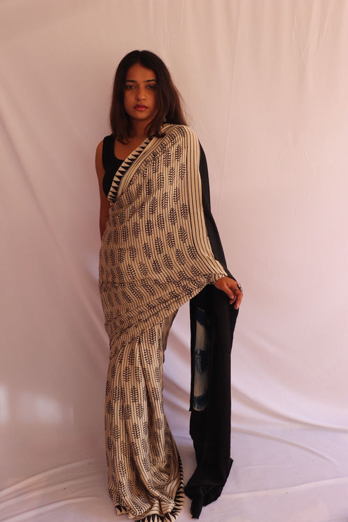 Contemporary Ajrakh Modal Silk Saree - Cream with Big Blue Dot Palla