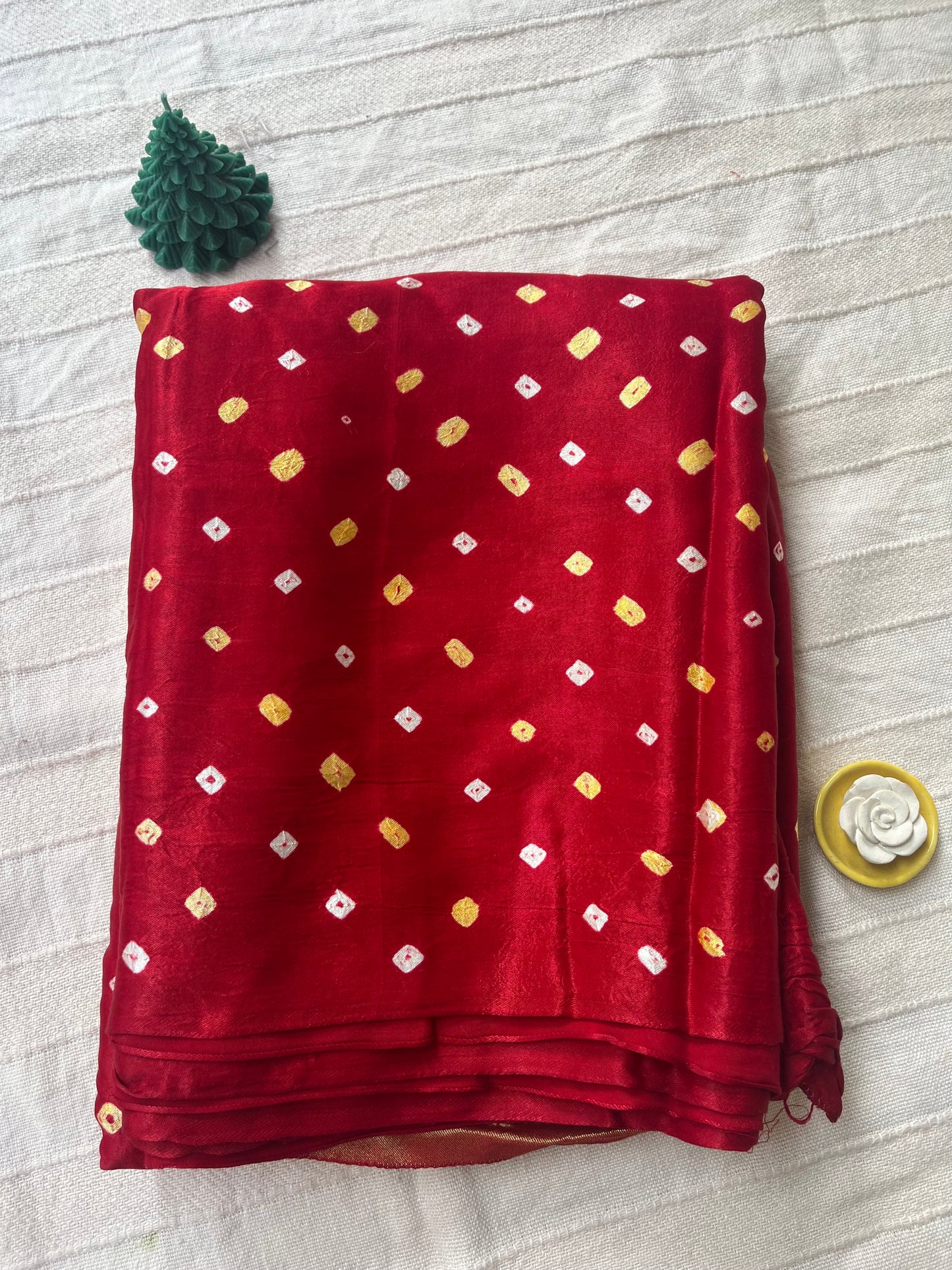 Bandhani Modal Silk saree with Tissue Palla - Red with White Yellow Dot Bandhej