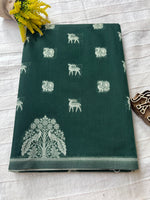 Mercerised Cotton Saree with Dear & Peacock Weaving - Dark Green