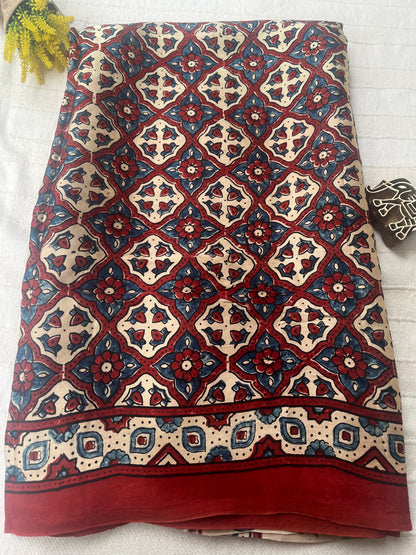 Ajrakh Modal Silk Saree - Beige Red