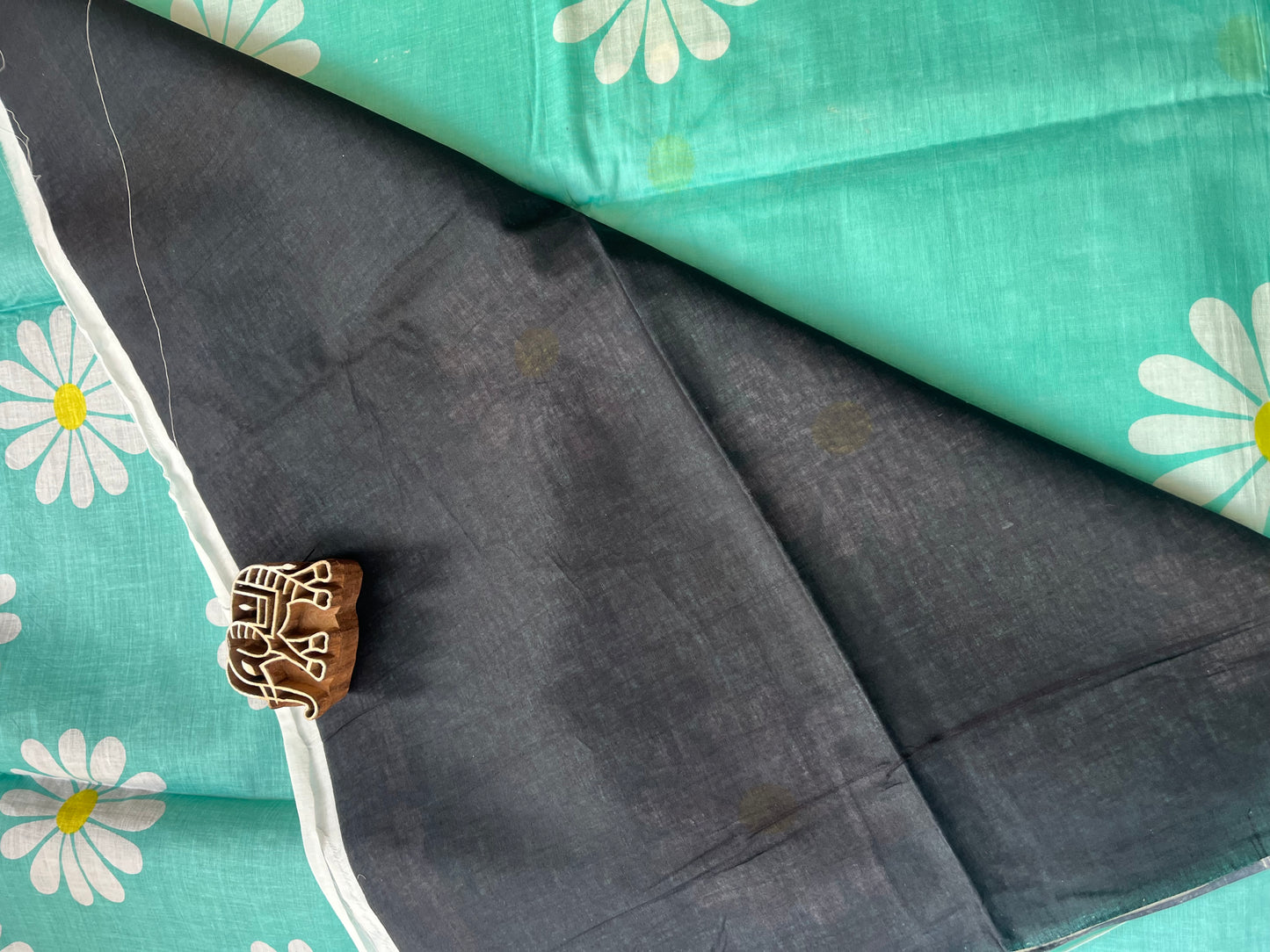 Sea Green Flower Print Running Mul Cotton Saree