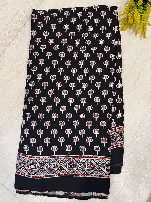 Ajrakh Modal Silk Saree with Mirror Work - Black Lotus Motifs