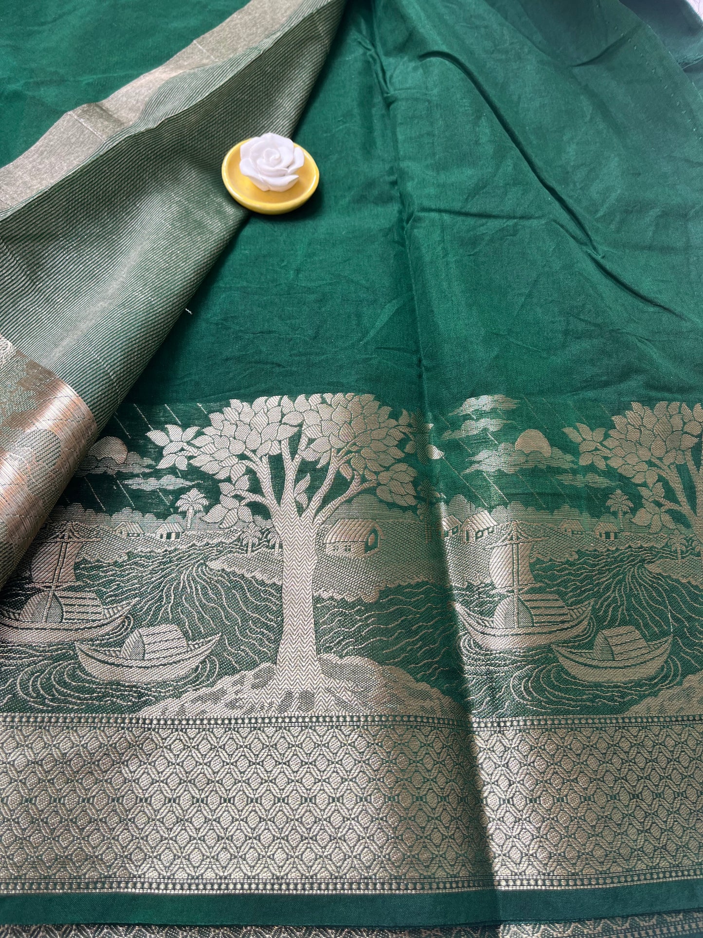 Banarasi Semi Georgette Ganga Ghat Saree - Bottle Green