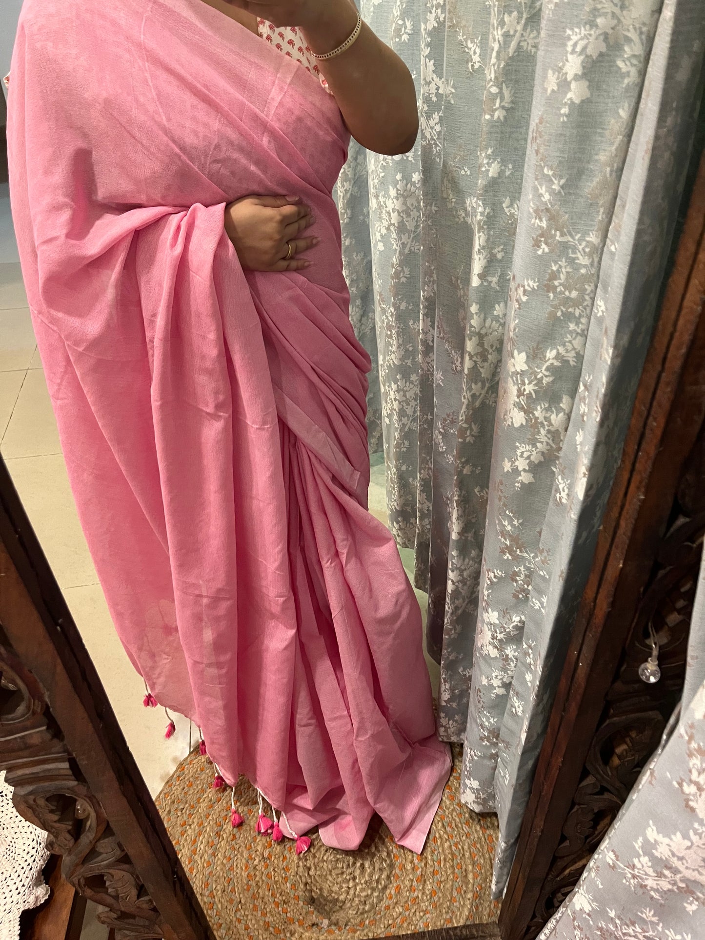 Baby Pink Handloom Khadi Cotton Saree with Kalamkari Blouse Piece