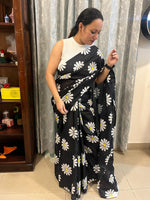Black Flower Print Running Mul Cotton Saree