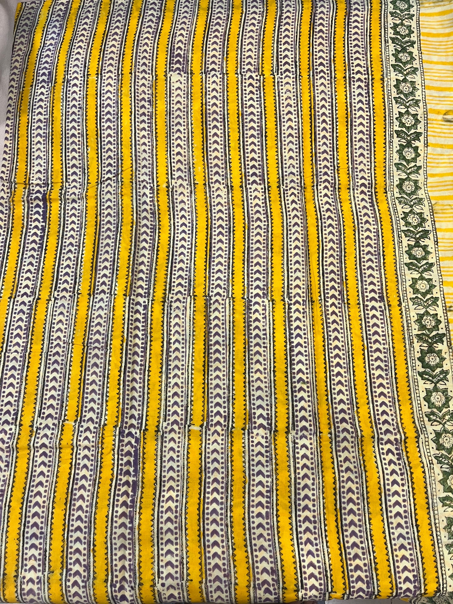 Lotus Handblock Mul Cotton Saree - Yellow