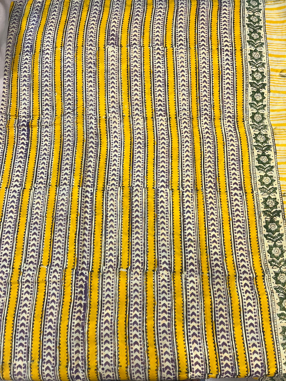 Lotus Handblock Mul Cotton Saree - Yellow